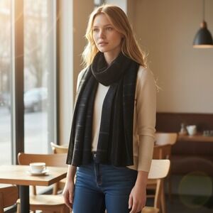 Calvin Klein Black Pleated Striped Lightweight Scarf Accessory Whimsigoth Gothic